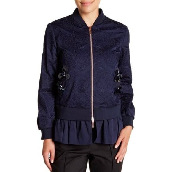Ted Baker Embellished Floral Frill Bomber Jacket Embroidered Blue Size 2 - Picture 1 of 16